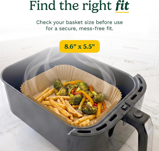 Cuisinart Air Fryer Liners Disposable, 150 Pack, 7.75" Square | Food-grade unbleached silicone-coated parchment for air fryer basket, non-stick to 428F, traps grease, oven & microwave safe