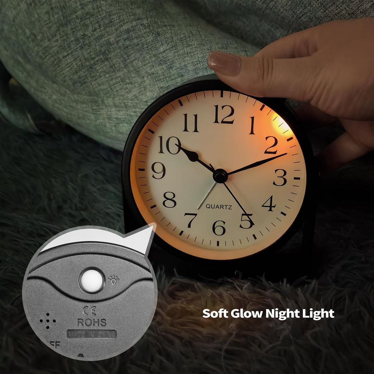 Desk Alarm Clock, Silent Non-Ticking Battery Operated Analog, Black