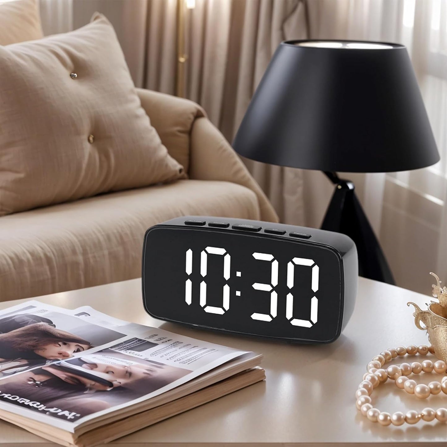 Dimmable LED Alarm Clock 2-Level Brightness, Wired Shaker, Snooze Function, Fits Bedside Table 4.7" L x 1.6" W x 2.4" H White Housing with Blue Light