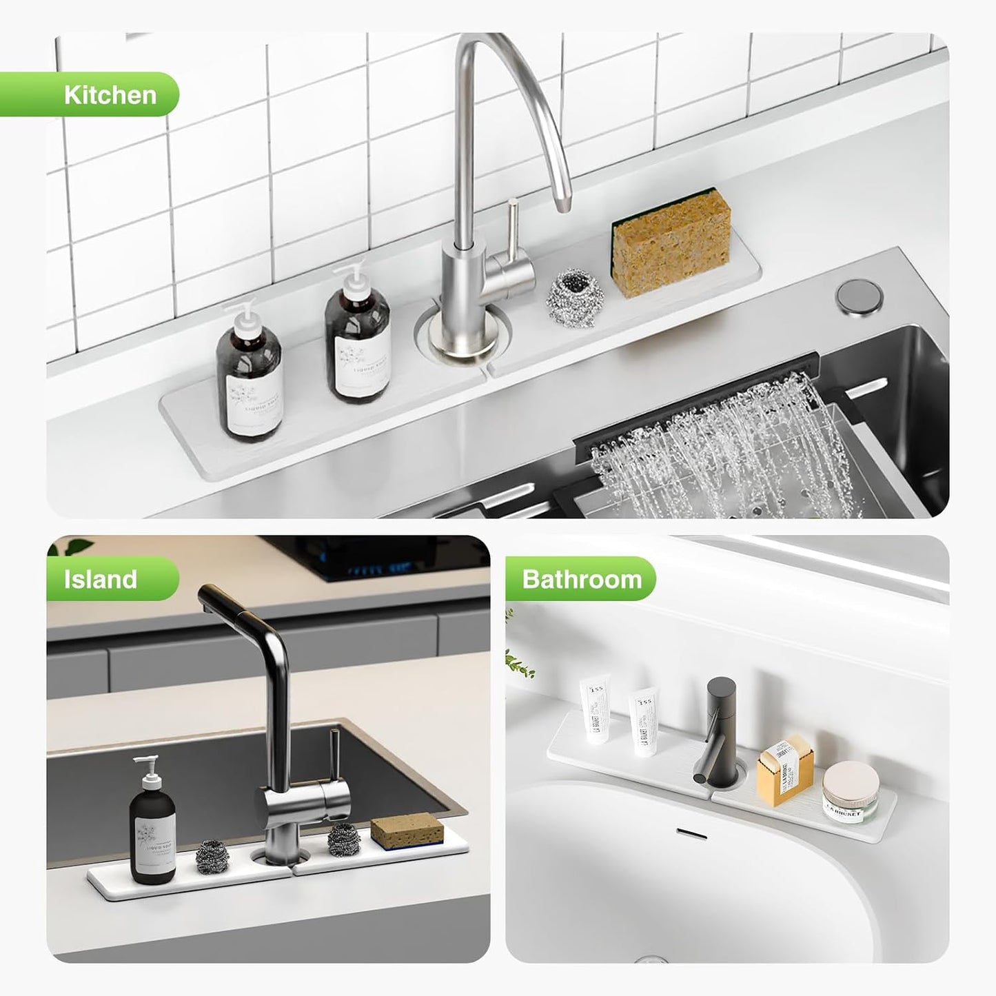 Premium Stone Faucet Mat for Kitchen Sink, 30" x 4" White | Quick Drying & Water Absorbent, Sink Splash Guard Tray for Prevents Moisture Buildup