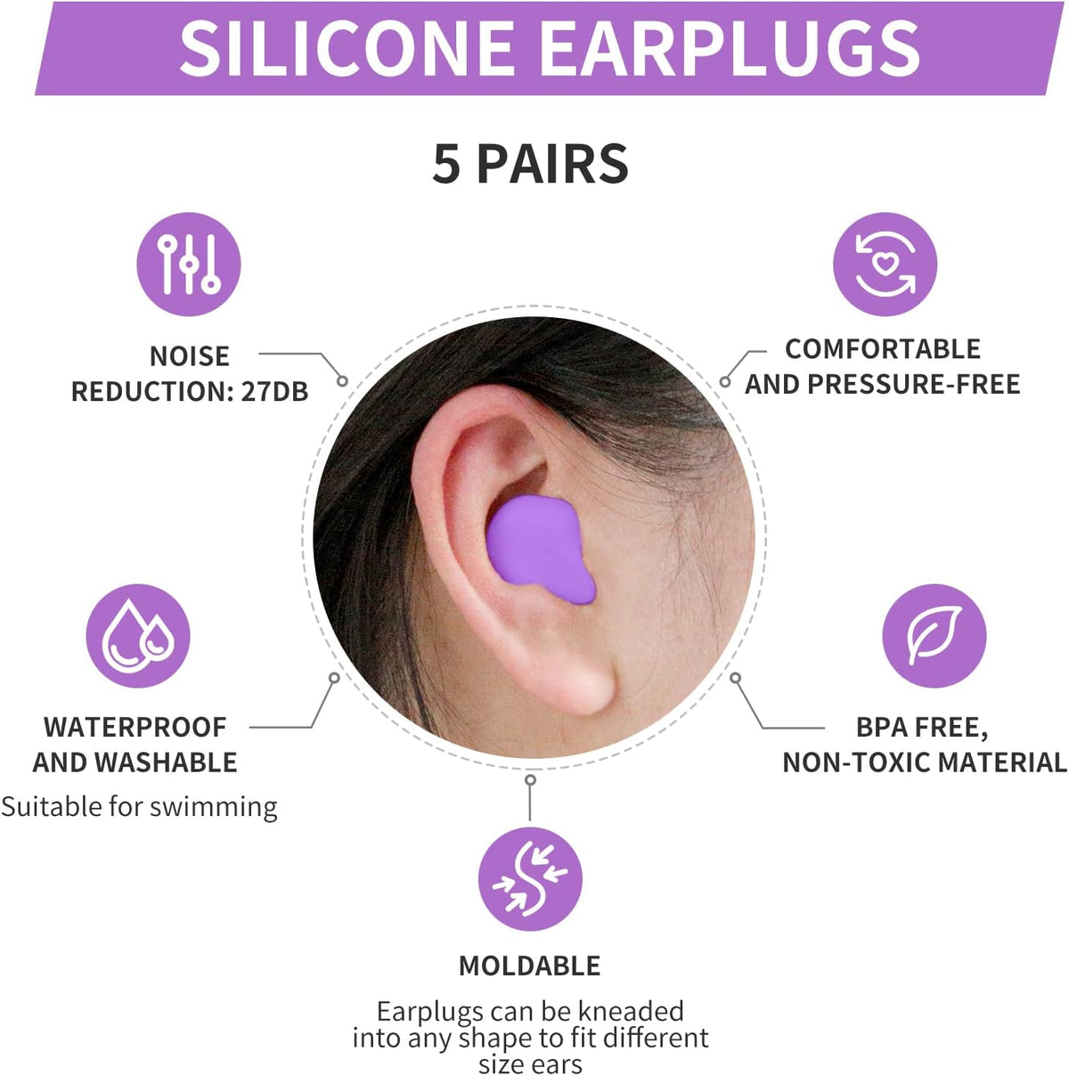 LYSIAN Moldable Silicone Ear Plugs for Sleep and Swim, 5 Pairs, Blue
