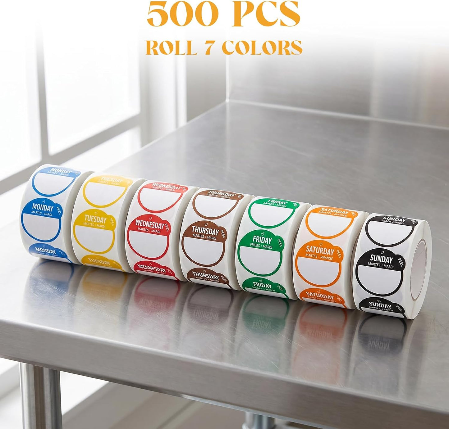 3500Pcs Day Dot Stickers Food Labels of Week 1Inch 7 Rolls | Removable No Residue Adhesive, 7 Color Coded, Smudge Resistant Writable Surface, Fridge/Freezer Safe, Kitchen Restaurant Meal