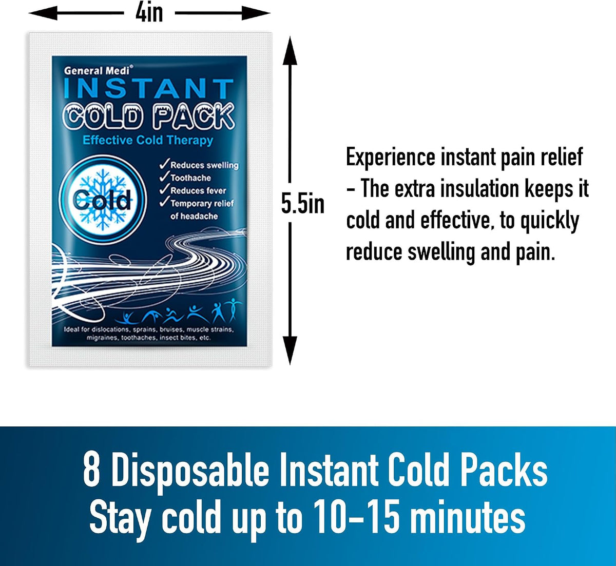 General Medi Instant Ice Cold Pack (4”x 5.5”) – 25 Packs Disposable Cold Therapy Ice Packs for Pain Relief, Swelling, Inflammation, Sprains, Toothache – for Athletes & Outdoor Activities