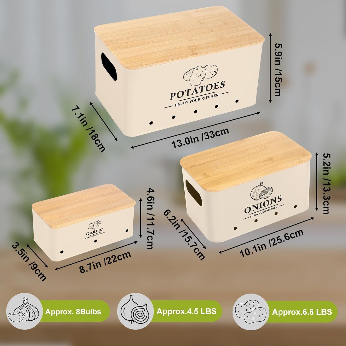 Kitchen Vegetable Storage Set of 3, Metal Onion Garlic Potato Storage Set, Kitchen Canisters Vegetable Keeper Containers with Aerating Holes and Bamboo Lid,Black