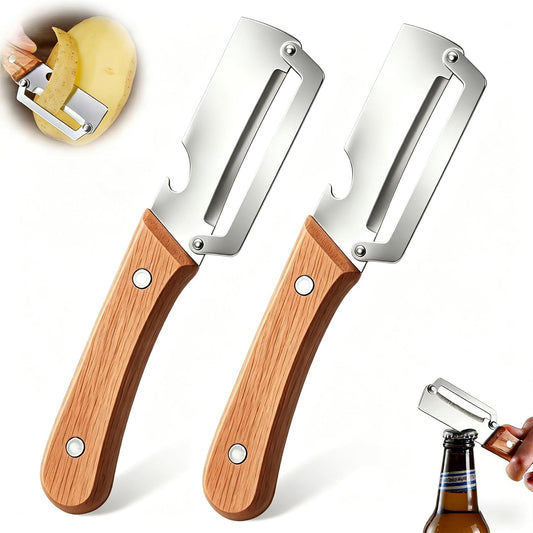 2PCS Vegetable Peeler, Stainless Steel Potato Peeler with Wooden Handle and Bottle Opener, Manual Fruit & Vegetable Peeler for Carrots, Apples, Cucumbers and Kitchen Meal Prep