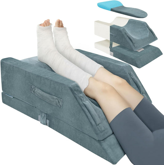KingPavonini 4-Height Adjustable Leg Elevation Pillows for After Surgery | Soft Yet Supportive Memory Foam, Fits Various Heights, Relieve Pain & Swelling, 4 Handles & Insert Pad, Washable Velvet Cover