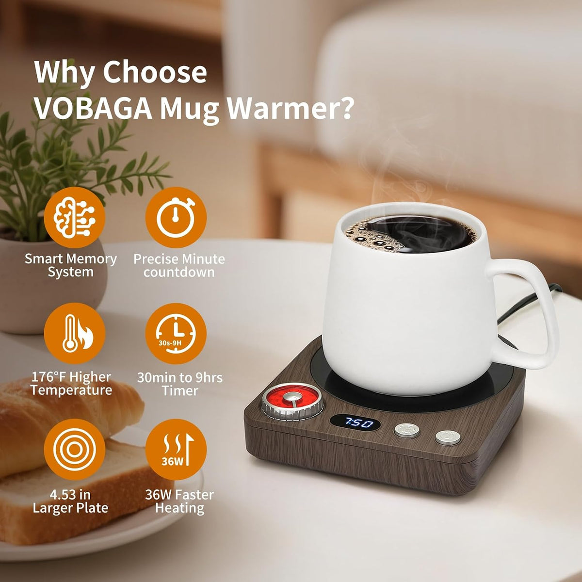 Coffee Mug Warmer, Smart Memory System, 9 Temp Settings, Customize Timer