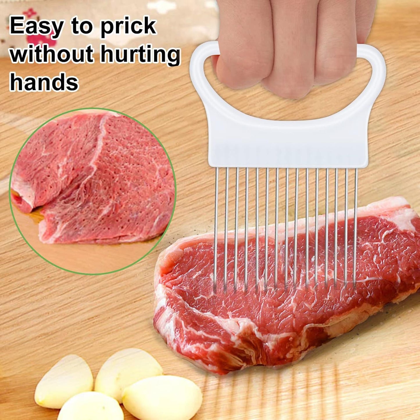 2Pcs Ruooson Onion Holder for Slicing, Stainless Steel Prongs Kitchen Slicer, Lemon Potato Cucumber Vegetable Cutter Comb,Meat Tenderizer,(white and blue).