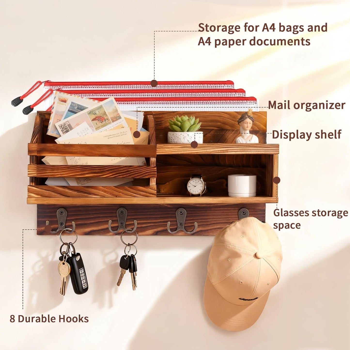 Solid Wood Key and Mail Holder for Wall, Brown | Farmhouse Entryway Organizer with Shelf, For Keys, Wallet, Dog Leash