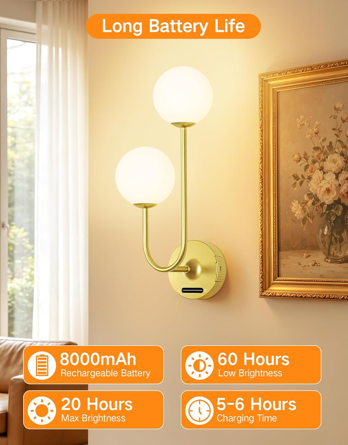 OUTON Gold Battery Operated Wall Sconce, 8000mAh Rechargeable Wireless Wall Light with Detachable Battery, Remote & Touch Control, 3 Color Dimmable Wall Mounted Light for Bedroom Living Room Bathroom