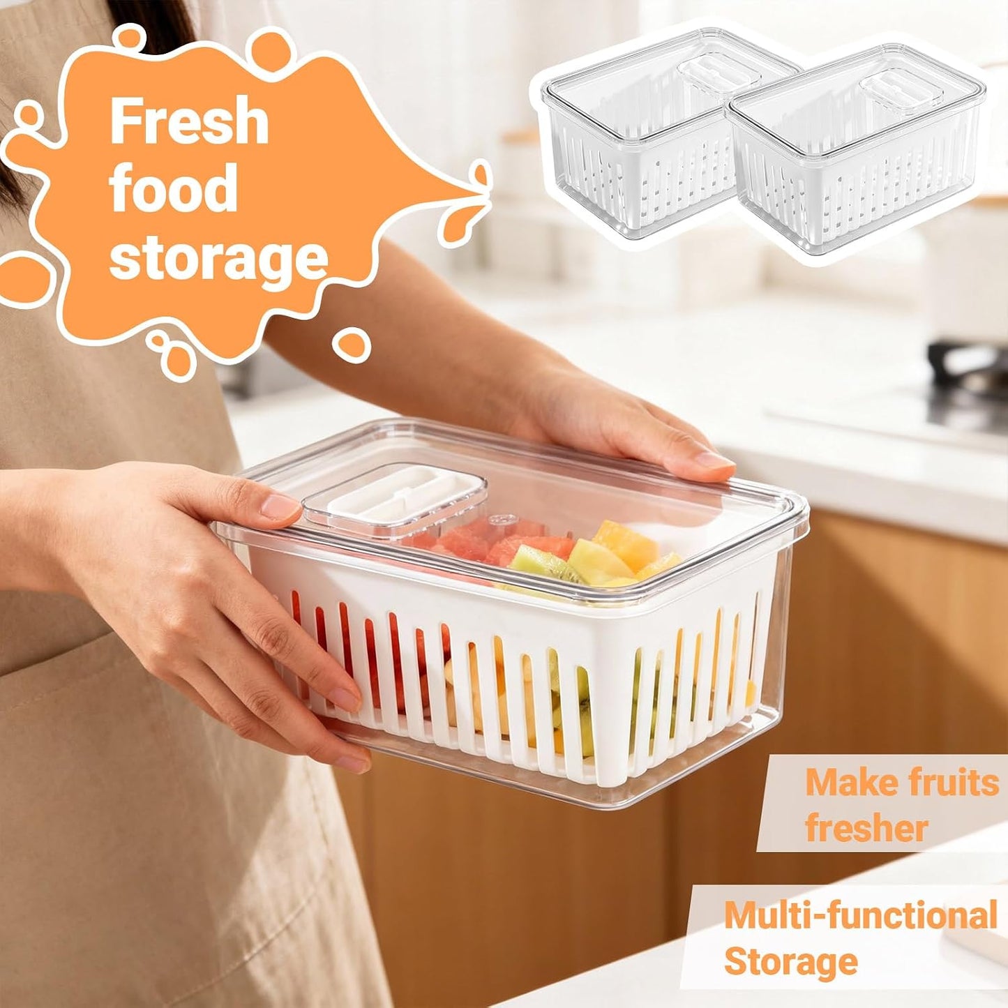 2 Pack Berry Containers for Fridge, Large Produce Saver with Removable Colander, 3.42 Quart Fruit Storage Container Keeps Strawberries, Blueberries, Vegetables Fresh, Built-in Date Tracker