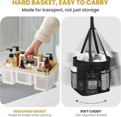 BYUNER Portable Cleaning & Shower Caddy with Handle: Rigid Plastic Basket with 4 Divided Compartments, All-Side Drainage for College Dorm, Bathroom & Utility Use, Black/Gold