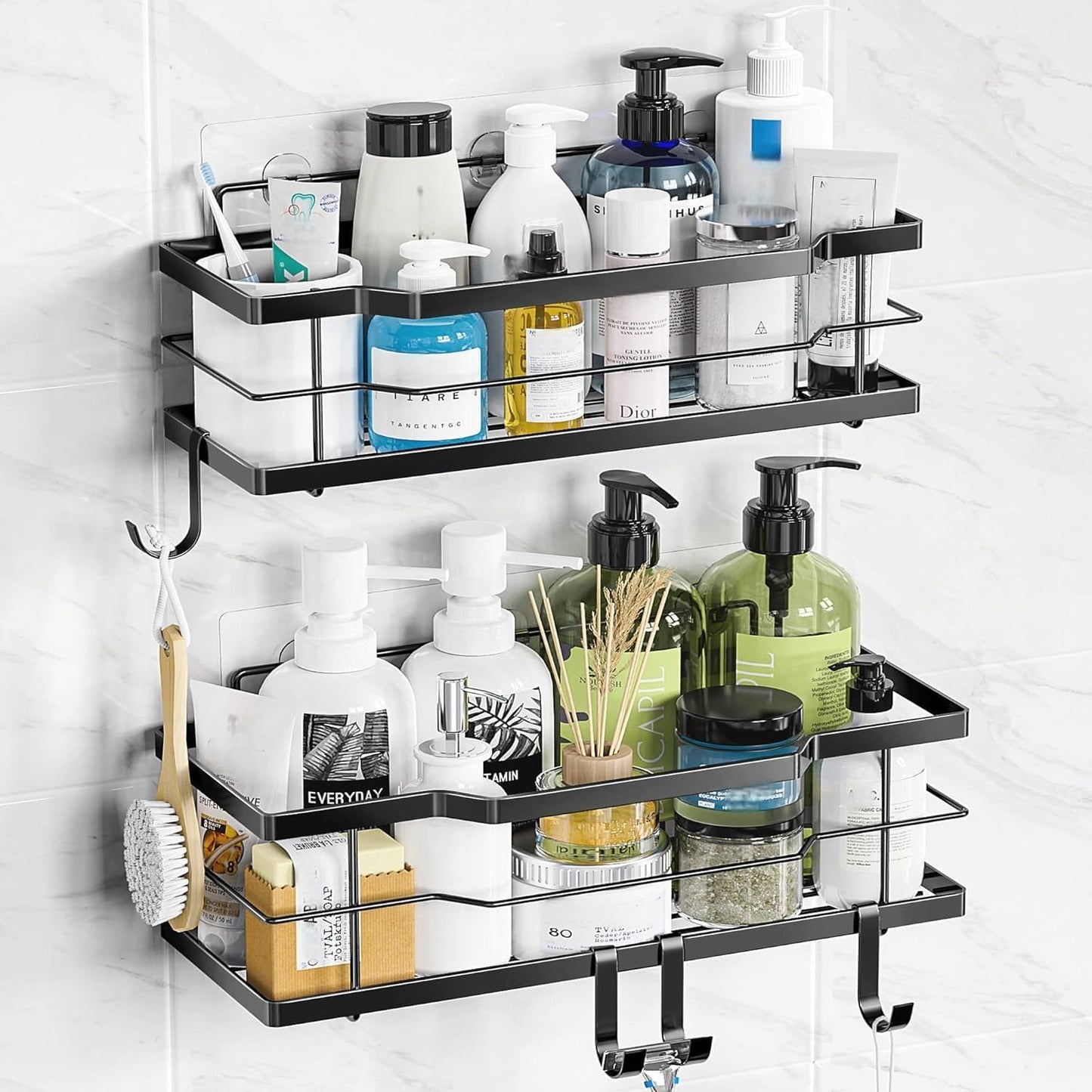 Moforoco Shower Caddy Shelf Organizer Rack, Self Adhesive Black Bathroom Shelves Basket, Home Farmhouse Wall Inside Organization and Storage Decor Rv Accessories, First Camper Apartment Essentials