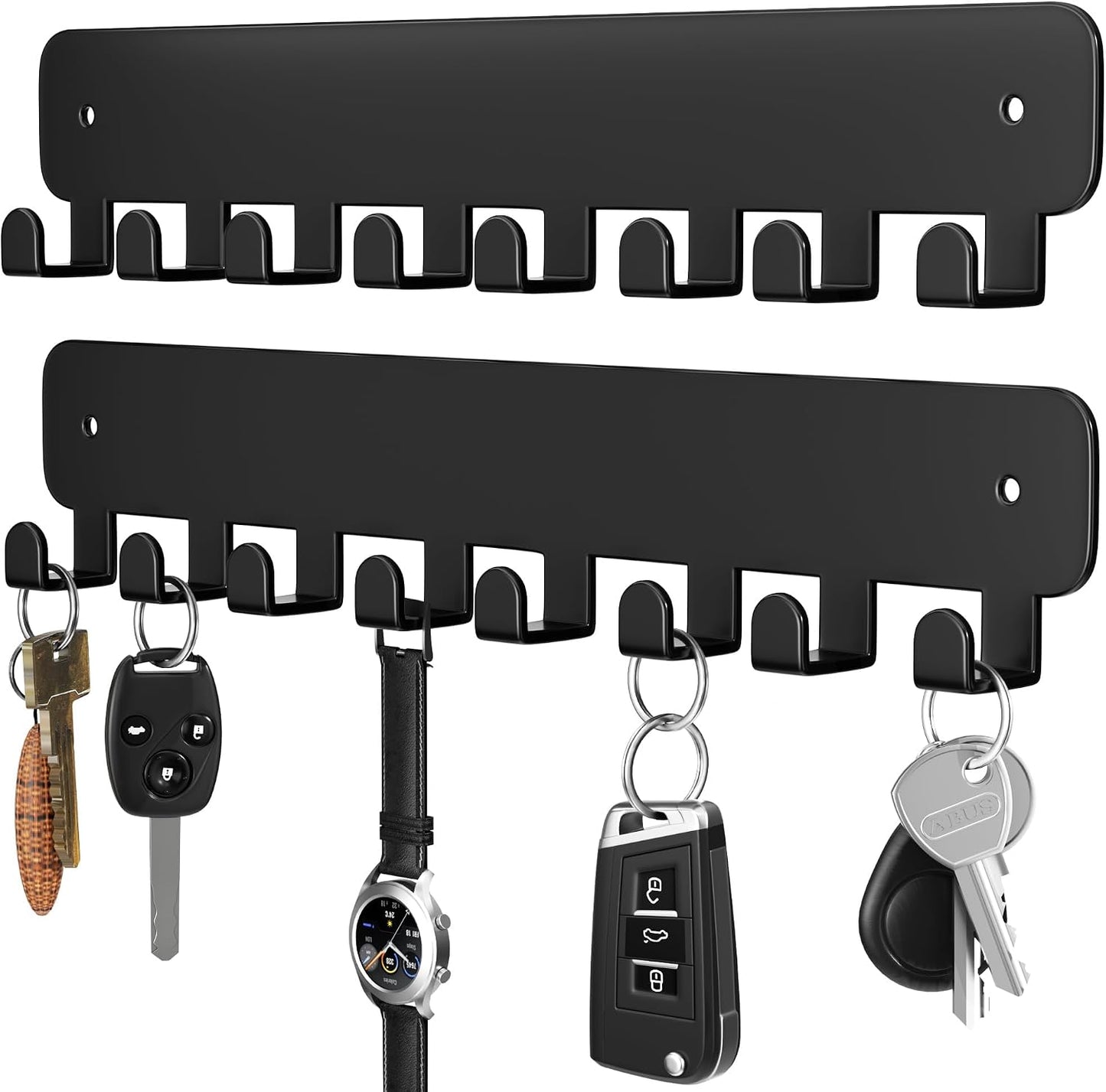 pickpiff Key Holder Wall Mount, Adhesive Key Rack with 8 Hooks Hanger for Car Key Ring, Metal Key Chain Organizer, Black 1 Pack
