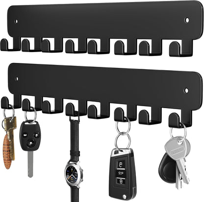 pickpiff Key Holder Wall Mount, Adhesive Key Rack with 8 Hooks Hanger for Car Key Ring, Metal Key Chain Organizer, Black 1 Pack