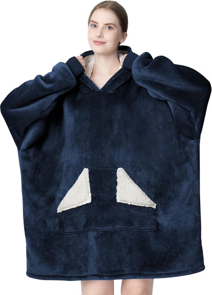 Wearable Blanket Hoodie, Oversized Sherpa Fleece Sweatshirt Blanket with Giant Hood Pocket and Sleeves for Adult, Warm & Cozy Grey Blanket Gifts for Women