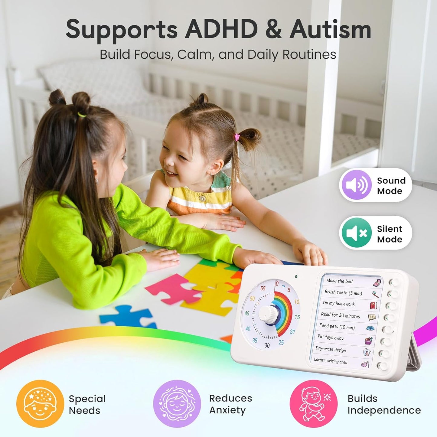 2-in-1 Visual Timer ADHD with Task Board, to-Do List, Checklist | Dry Erase Chore Chart and Visual Schedule for Kids ADHD, Rainbow Countdown Timer for Classroom, Home, Homeschool (White)