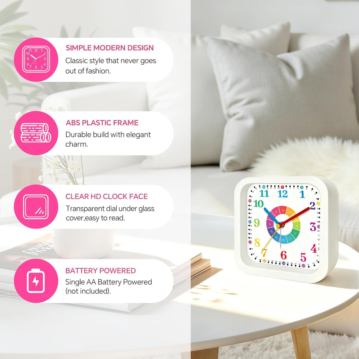 Loud Alarm Clock for Heavy Sleepers, 4.5" Simple Square Analog Alarm Clocks with Silent Movement Battery Operated Easy-to-Read Dial, Plastic Small Desk Clock for Bedroom Teens Seniors, Black