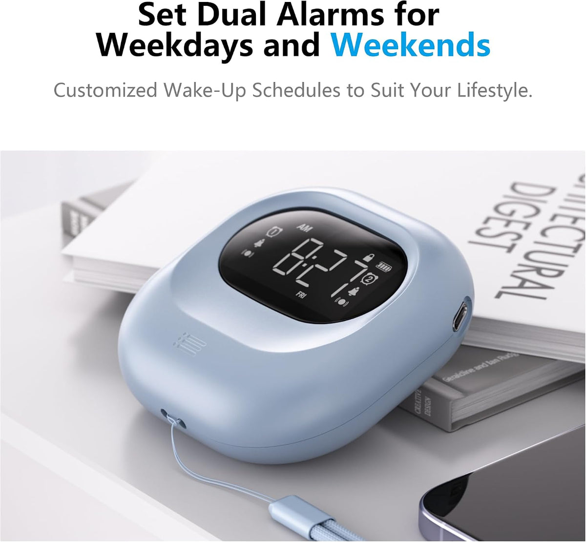 Vibrating Alarm Clock Rechargeable Battery Operated Cordless & Dual Alarms