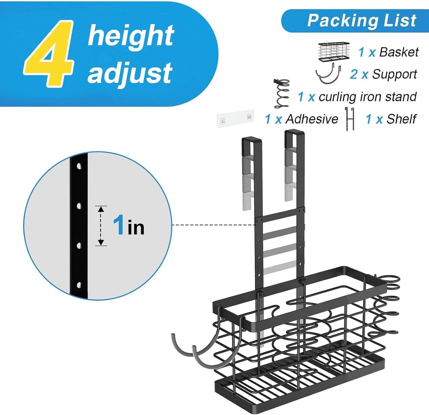 2026 Upgraded 3-in-1 Universal Hair Tool Organizer, XL Size, Black | Adjustable Height Metal Hair Dryer Holder, Wall Mounted, Over Cabinet Door, Countertop, Bathroom Storage