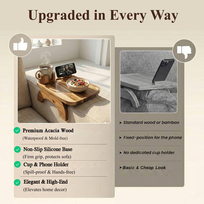 Couch Armrest Table, Acacia Wood Sofa Arm Tray with 360° Rotating Phone & Cup Holder, Clip-On Arm Rest Table for Couch, Anti-Slip Armrest Tray for Snacks & Drinks, 15.4" x 9.8"