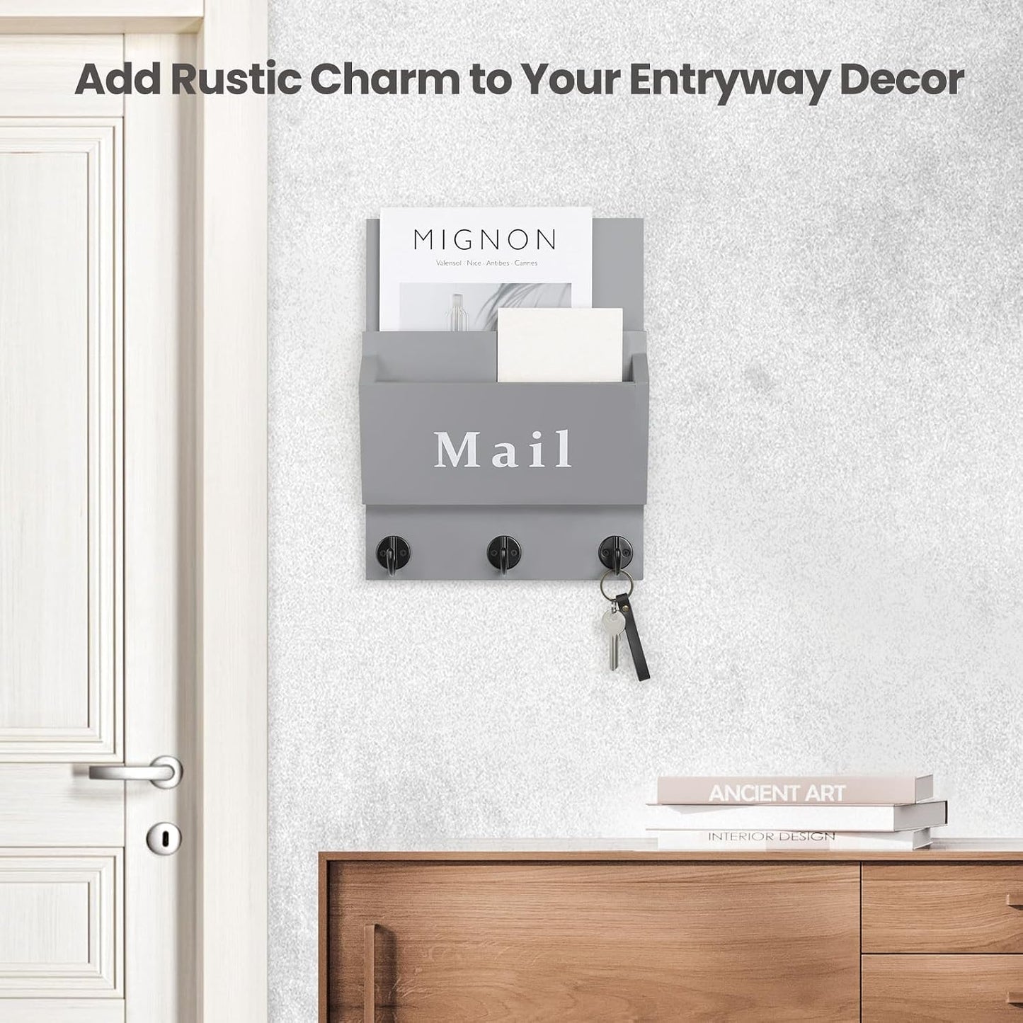 Mail and Key Holder, Wall Key Holder with 2 Mail Organizer Slot and 3 Hooks | Decorative 8.86" x 11.42" Mail Holder, Real Paulownia Wood with Keyhole Brackets, Hardware and Instructions
