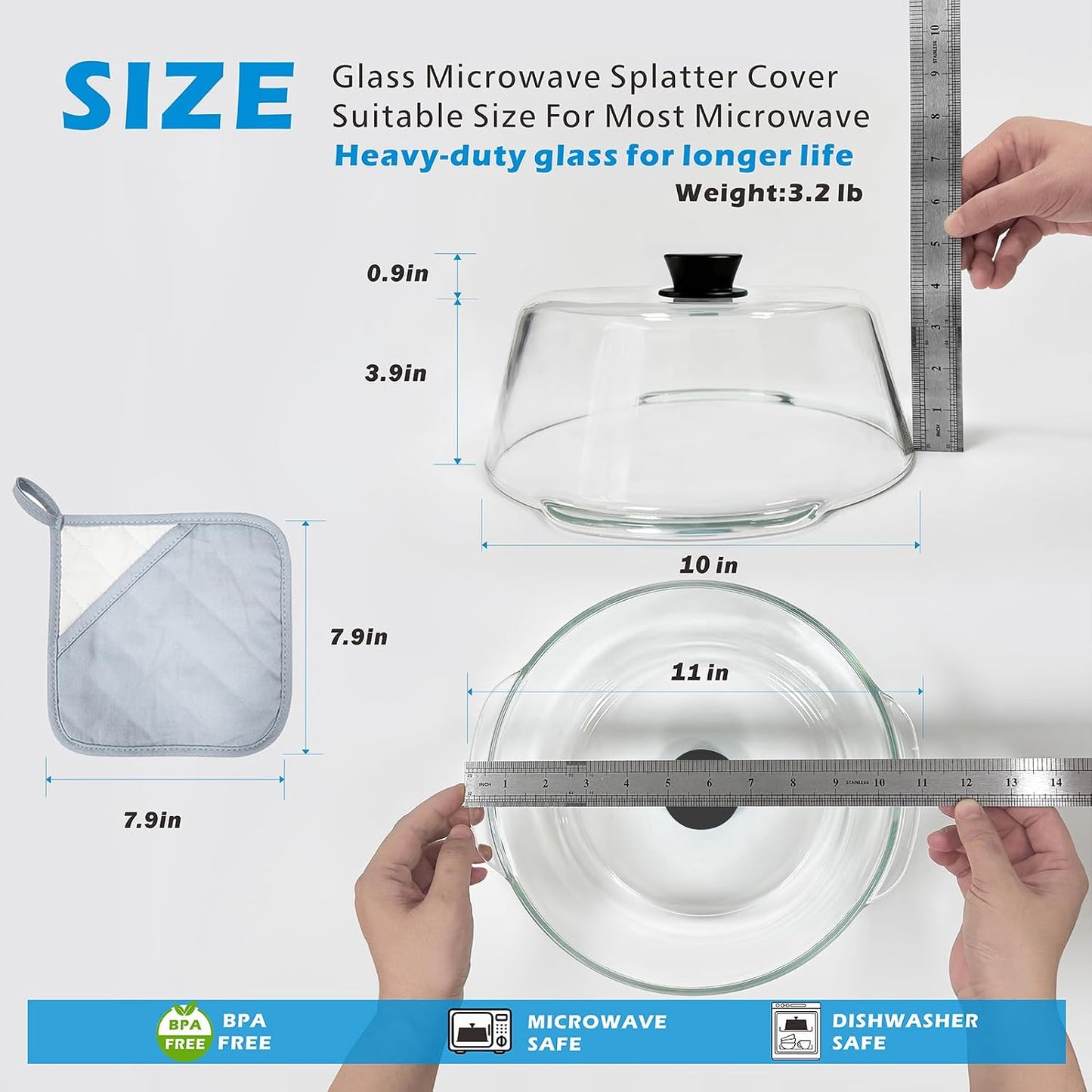 Glass Microwave Splatter Cover for Food, 10in Food Grade Splatter Guard Lid | No Plastic, BPA Free, 3.9in Tall for Bowl Covers, Easy Grip Silicone Knob, Serving Dish Cover, Dual Vents, Dishwasher Safe