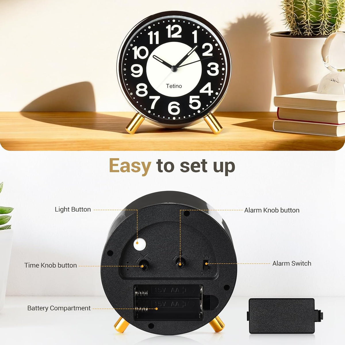 Tetino Analog Alarm Clocks,Retro Metal Desk Silent Non Ticking Small Clock with Night Light,Battery Operated,Simple Design,for Bedrooms, Bedside,Office,Home Décor (Green)