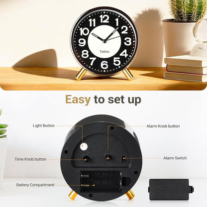 Tetino Analog Alarm Clocks,Retro Metal Desk Silent Non Ticking Small Clock with Night Light,Battery Operated,Simple Design,for Bedrooms, Bedside,Office,Home Décor (Green)