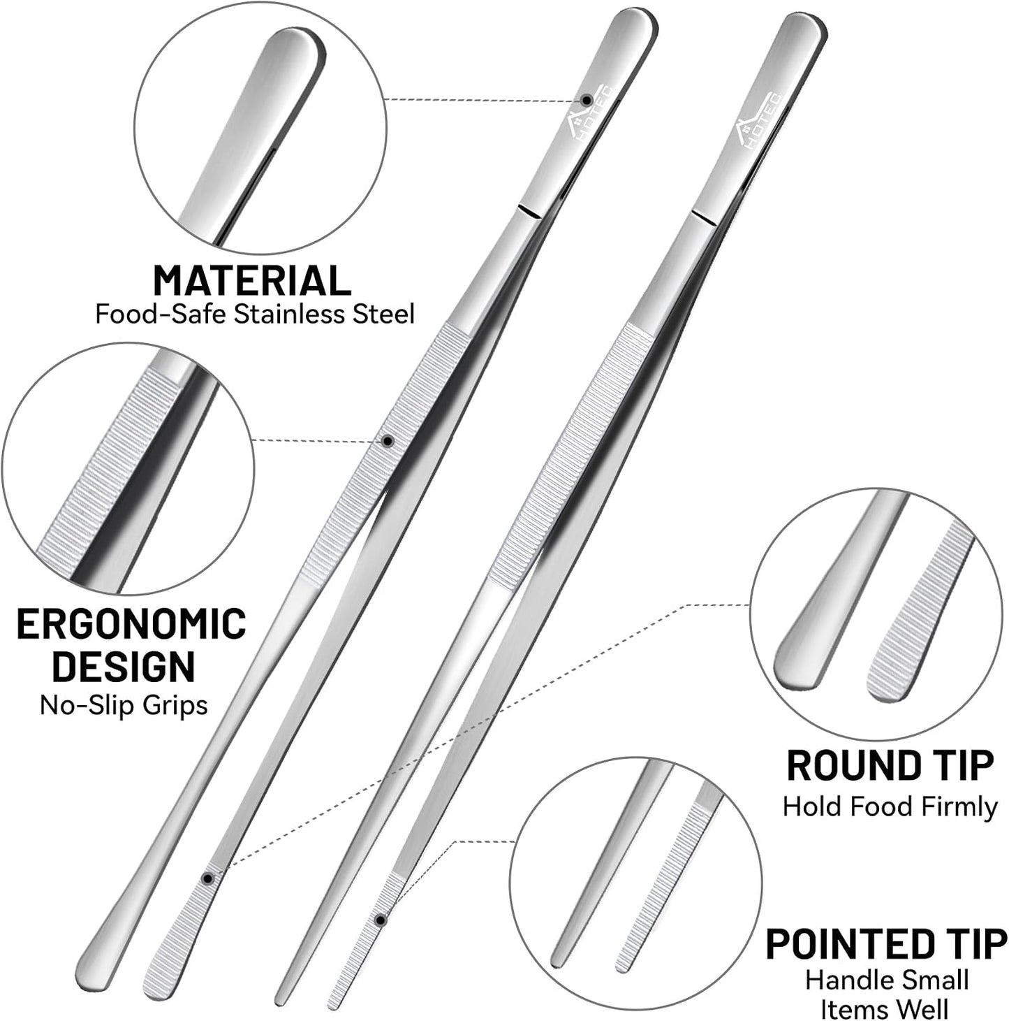 HOTEC Kitchen Tweezers Tongs Stainless Steel, Set of 6 - Professional Cooking Tweezers for Cooking, Chefs, BBQ, Seafood, Baking & Repair