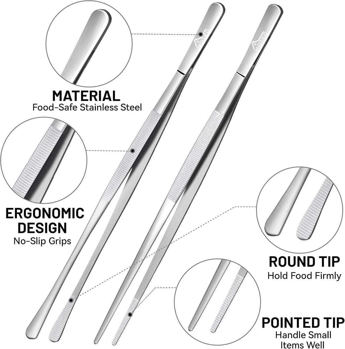 HOTEC Kitchen Tweezers Stainless Steel Cooking Tweezers -6.3" and 12"