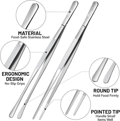 HOTEC Kitchen Tweezers Stainless Steel Cooking Tweezers -6.3" and 12"