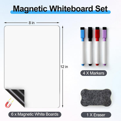 4 PACK Magnetic Dry Erase Board Sheet for Fridge, 12"x8" Erasable Refrigerator WhiteBoard w/ 6 Markers & 1 Eraser- Smooth and Flexible Small Magnet Blank Notepad for Home Kitchen Organizer and Planner