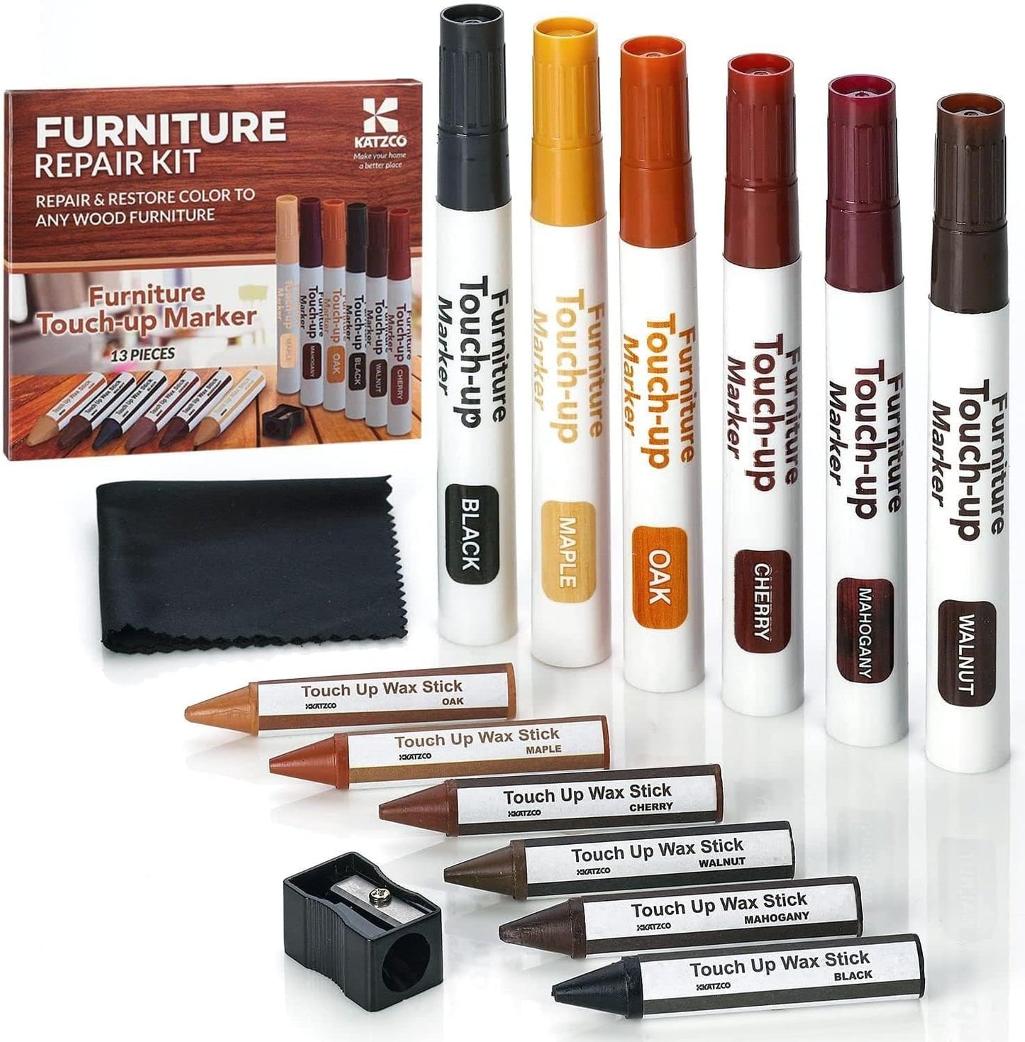 13-Piece Wood Stain and Scratch Repair Kit by Katzco - Furniture Markers and Wax Sticks - Covers Scratches, Stains and Scuffs on Floors, Cabinets and Desks - Includes Sharpener