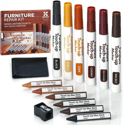 13-Piece Wood Stain and Scratch Repair Kit by Katzco - Furniture Markers and Wax Sticks - Covers Scratches, Stains and Scuffs on Floors, Cabinets and Desks - Includes Sharpener
