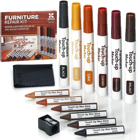 13-Piece Wood Stain and Scratch Repair Kit by Katzco - Furniture Markers and Wax Sticks - Covers Scratches, Stains and Scuffs on Floors, Cabinets and Desks - Includes Sharpener