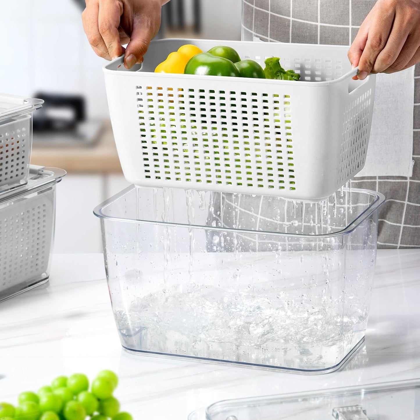 LUXEAR 4 Pack Fruit Vegetable Containers for Fridge, Produce Saver Container with Lids &Removable Colander BPA-free Refrigerator Storage Organizer for Fruit Vegetable, Berry, Meat keep Fresh Longer | BPA Free with Removable Colanders Leak-proof Fridge