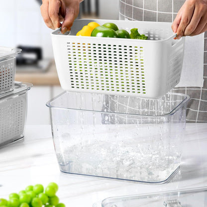 LUXEAR 4 Pack Fruit Vegetable Containers for Fridge, Produce Saver Container with Lids &Removable Colander BPA-free Refrigerator Storage Organizer for Fruit Vegetable, Berry, Meat keep Fresh Longer | BPA Free with Removable Colanders Leak-proof Fridge