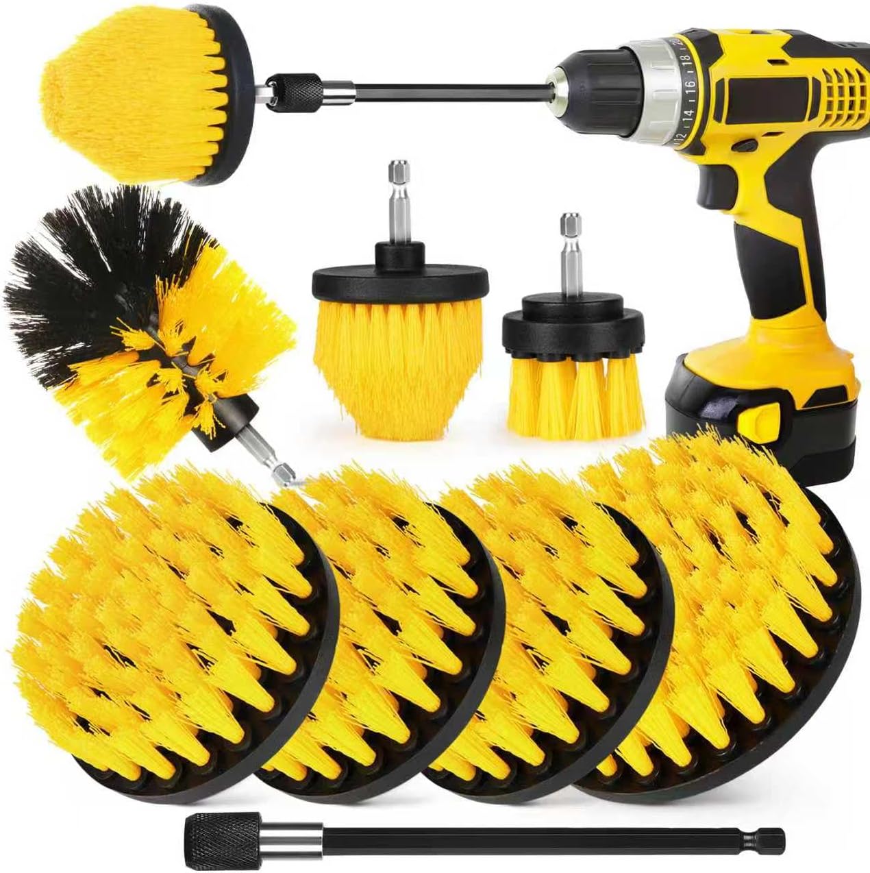 8 Pack Drill Brush Attachment Set, 1/4in Power Scrubber Brush + Extend Long Rod, Multi-Purpose Power Cleaning Scrub Brush for Bathroom, Tub, Tile, Corner, Floor(Red)