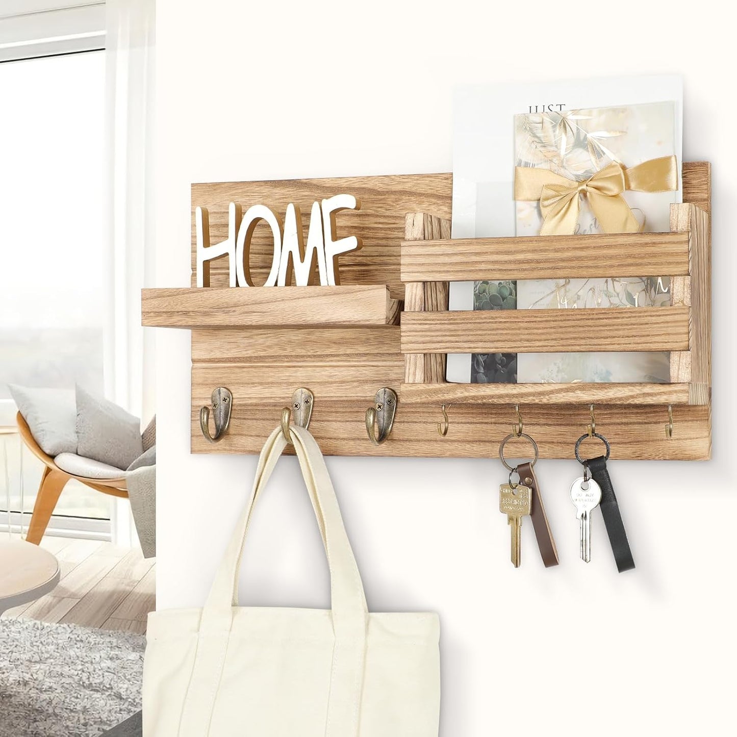 Lwenki Mail Organizer for Wall Mount – Key Holder with Shelf Includes Letter Holder and Hooks for Coats, Dog Leashes – Rustic Wood with Flush Mounting Hardware (16.5” x 8.7” x 3.5”)