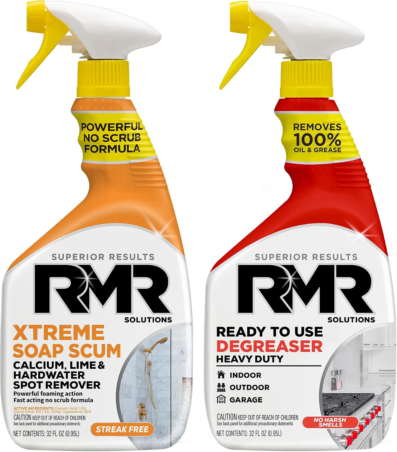 RMR Grease & Grime Eraser Kit – Degreaser & Cleaner + Xtreme Soap Scum Remover, Fast-Acting Kitchen & Bathroom Cleaning System for Grease, Soap Scum, Calcium & Hard Water Buildup, 2–32 Oz Bottles