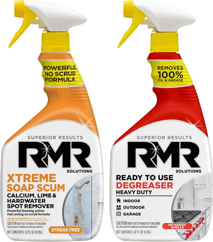 RMR Grease & Grime Eraser Kit – Degreaser & Cleaner + Xtreme Soap Scum Remover, Fast-Acting Kitchen & Bathroom Cleaning System for Grease, Soap Scum, Calcium & Hard Water Buildup, 2–32 Oz Bottles