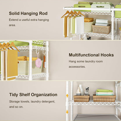 U13 Medium Over Washer and Dryer Storage Shelves, 6 Tiers Laundry Rack | Metal Clothes Drying Rack Space Saver with 2 Hanger Rods and Hooks, Laundry Room Standing Shelf Above Washer Dryer, White