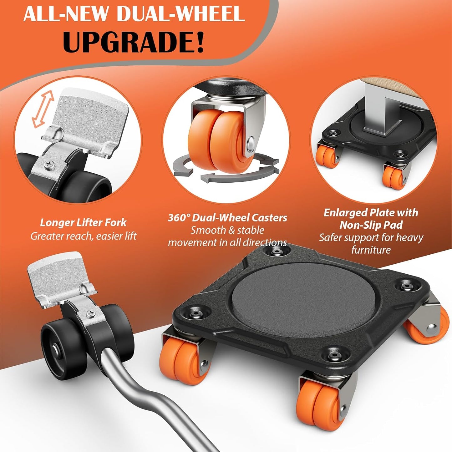 Heavy Duty Furniture Movers with 5-Wheel Dollies, Furniture Dolly Set with Lifter & Base, 360° Swivel Casters, Non-Slip Pads, Up to 2000 lbs Load Capacity
