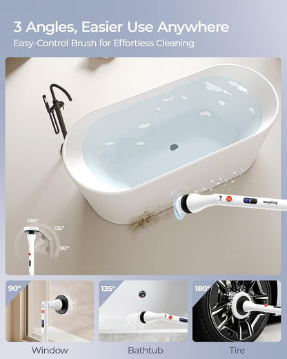 MayKing Electric Spin Scrubber with 9 Brush Heads, IPX7, Model Blue | 3-Angle & 4-Length Adjustable Cordless Power Scrubber, 3-Speed & Battery LED Display, for Bathroom, Tub, Floor & Tiles