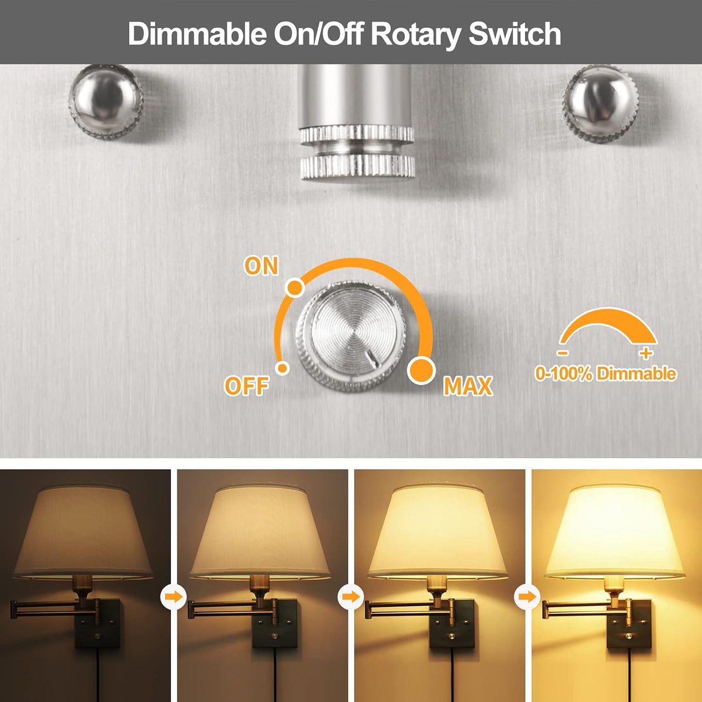 TRLIFE Wall Sconce Plug in, Dimmable Wall Sconces Set of Two Swing Arm Wall Lights with Plug in Cord and On/Off Dimmer Rotary Switch, 9.4" Medium Beige Fabric Shade(2 Pack, 2 Bulbs)