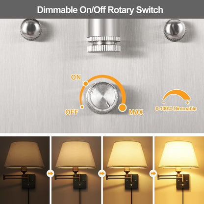 TRLIFE Wall Sconce Plug in, Dimmable Wall Sconces Set of Two Swing Arm Wall Lights with Plug in Cord and On/Off Dimmer Rotary Switch, 9.4" Medium Beige Fabric Shade(2 Pack, 2 Bulbs)
