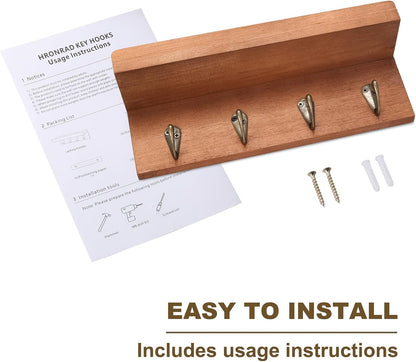 HRONRAD Rustic Key Holder for Wall, Farmhouse Wall Shelf with 4 Hooks, Wall Mounted Key Racks, Wooden Mail Organizer with Hooks for Entryway (Brown - Pine)