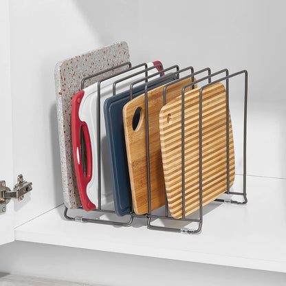 mDesign Large Metal Wire Organizer Rack for Kitchen Cabinet, Pantry, Shelves - Holder with 8 Slots for Baking Sheets, Skillets, Frying Pans, Pots, Lids, Cutting Boards, Appliances - Dark Gray