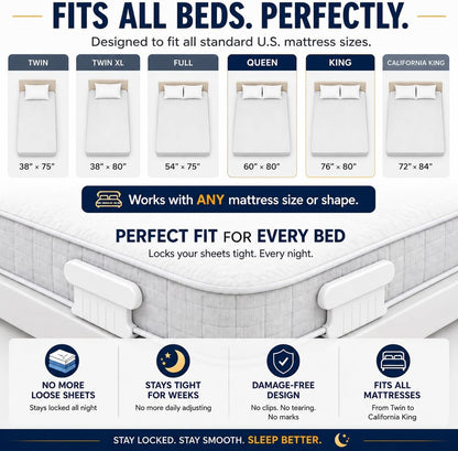 Bed Sheet Holders for Corners — 4-Pack Lock Fitted Sheet Holder Set with Sheet Straps & Easy Tucker Tool — Universal Bed Sheet Clips for All Mattress Sizes, Non-Slip ABS, White